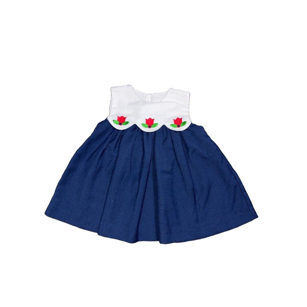 Vintage Suzanne Copeland Toddler Dress Navy White Tulip Applique Sleeveless